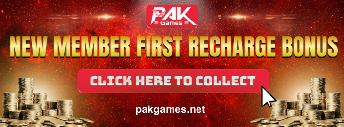 PakGames VIP new member first recharge bonus banner with a red background, showing stacks of coins and a 'Click Here to Collect' button, inviting new PakGames VIP members to claim their first deposit bonus.