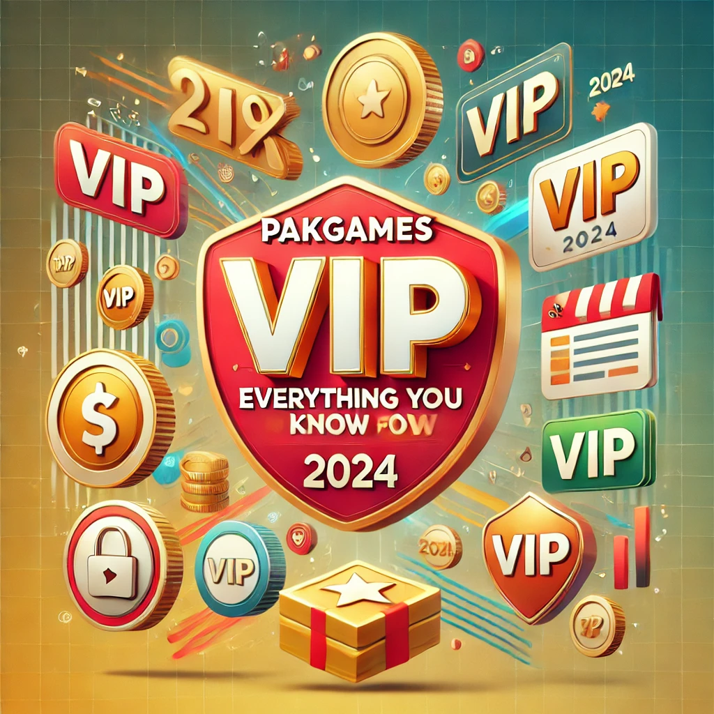 the blog 'PakGames VIP: Everything You Need to Know for 2024', showing VIP-themed elements like coins, a shield symbol for security, and a bold title with 'PakGames VIP 2024' in bright colors.