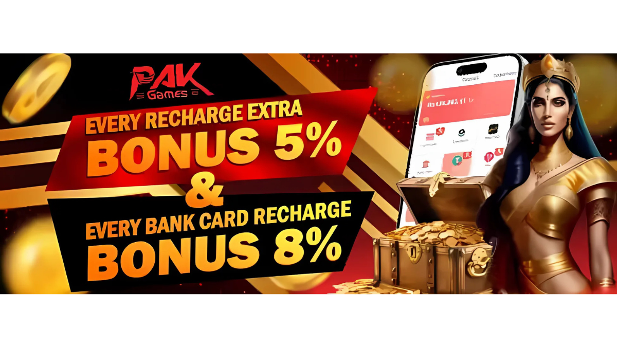 PakGames VIP new member first recharge bonus banner with a red background, showing stacks of coins and a 'Click Here to Collect' button, inviting new PakGames VIP members to claim their first deposit bonus.