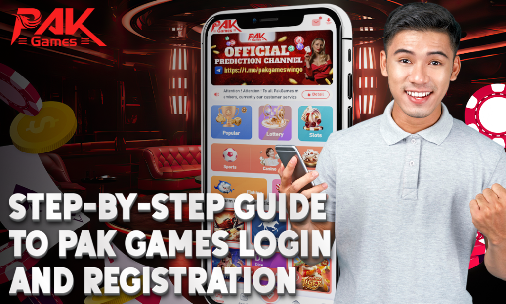 A cheerful young man in a light grey polo shirt holding a smartphone with the "Pak Games" app visible on the screen. The background features a casino-themed setting with glowing lights, poker chips, and gold coins. Bold text reads "Step-by-Step Guide to Pak Games Login and Registration."