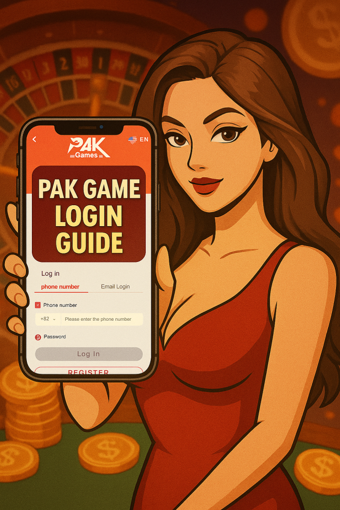 A digital illustration of a woman in a red dress holding a smartphone displaying the "PAK Game Login Guide" screen. The background features a roulette wheel and stacks of gold coins, creating a vibrant casino atmosphere.